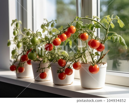 Cherry tomatoes grown in flower pots on balcony or windowsill. Gardening tomatoes at home. 104934852