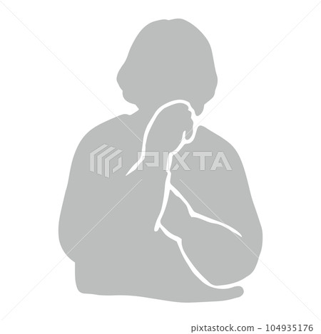 成熟/老年一代女性剪影，手放在下巴上思考象形文字，灰色 104935176