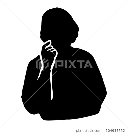 成熟老一代的女性剪影，用手指放在臉頰上思考的手勢的象形圖，黑色 104935332