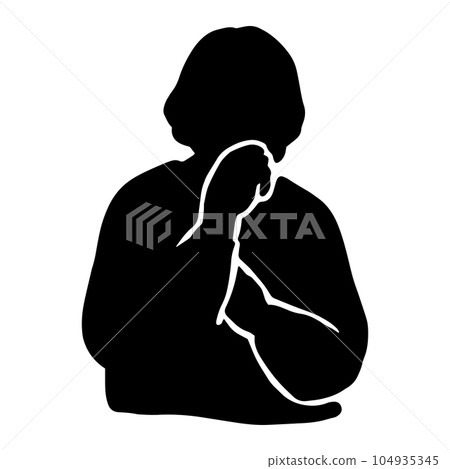成熟/老年一代女性剪影，手放在下巴上思考象形文字，黑色 104935345