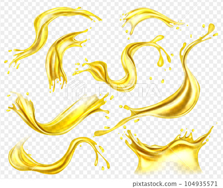 Oil splashing isolated. Fruit beverage elements for advertising or package design. Realistic yellow liquid with drop 104935571