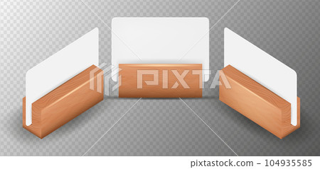 White empty place cards on wooden holder. Realistic Detailed 3d Blank White Empty Place Cards. Design Template for Mockup, Menu Frame, Booklets. 104935585