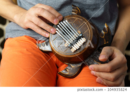 Kalimba turtle, traditional musical instrument. Folk music or meditative music concept. Selective focus 104935824