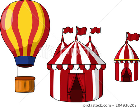 Hot air balloon and red circus tent Hot air balloon and red circus tent 104936202
