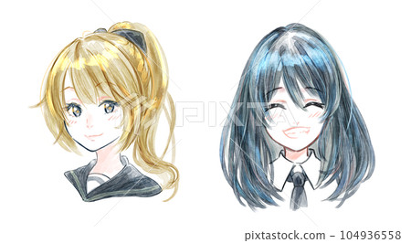 女學生,女性面部表情集合,微笑,上半身,手寫水彩觸摸 女學生,女性面部表情集合,微笑,上半身,手寫水彩觸摸 104936558