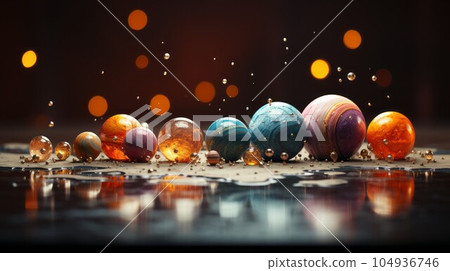 Abstract composition with colorful marble stones and water drops. 3d render illustration.  Beautiful  Abstract background with water drops and glass balls on a dark background, closeup. 104936746