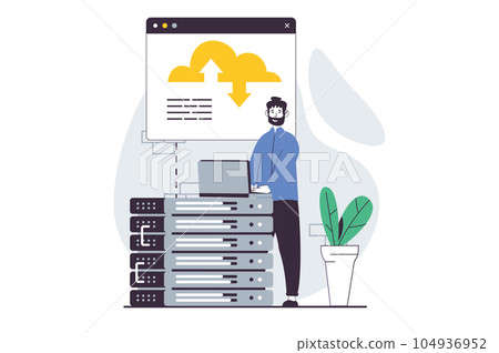 SaaS concept with people scene in flat design for web. Man working with cloud storage and using database hardware for sync files. Vector illustration for social media banner, marketing material. 104936952