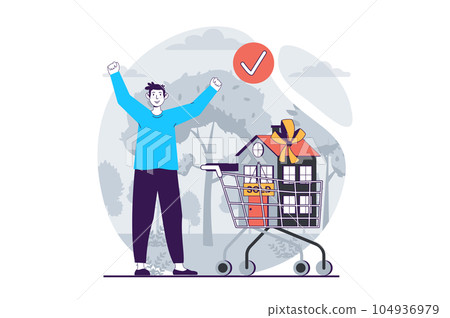 Real estate concept with people scene in flat design for web. Man buying new apartment, investing money and moving into new house. Vector illustration for social media banner, marketing material. 104936979