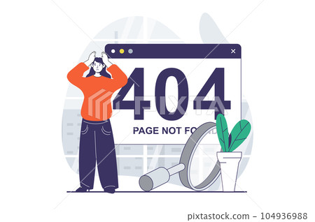Page not found concept with people scene in flat design for web. Woman getting message about connection problem and troubleshooting. Vector illustration for social media banner, marketing material. Page not found concept with people scene in flat design for web. Woman getting message about connection problem and troubleshooting. Vector illustration for social media banner, marketing material. 104936988