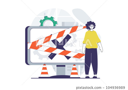 Page not found concept with people scene in flat design for web. Man frustrated getting warning message about connection problem. Vector illustration for social media banner, marketing material. Page not found concept with people scene in flat design for web. Man frustrated getting warning message about connection problem. Vector illustration for social media banner, marketing material. 104936989