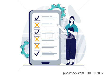Online survey concept with people scene in flat design for web. Woman puts cross or tick in questionnaire or quiz on mobile phone. Vector illustration for social media banner, marketing material. 104937017