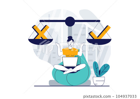 Online survey concept with people scene in flat design for web. Woman thinking and evaluates decision on scales, chooses cross or tick. Vector illustration for social media banner, marketing material. Online survey concept with people scene in flat design for web. Woman thinking and evaluates decision on scales, chooses cross or tick. Vector illustration for social media banner, marketing material. 104937033