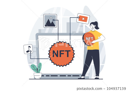 NFT token concept with people scene in flat design for web. Woman creating unique tokens for collectible artwork in virtual gallery. Vector illustration for social media banner, marketing material. NFT token concept with people scene in flat design for web. Woman creating unique tokens for collectible artwork in virtual gallery. Vector illustration for social media banner, marketing material. 104937139