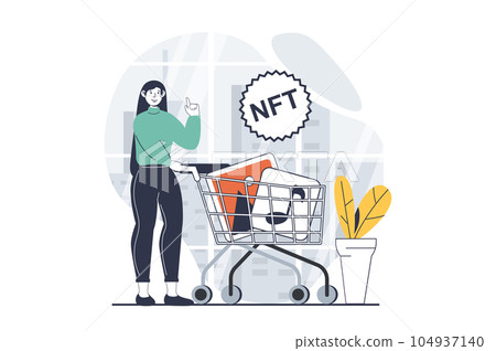 NFT token concept with people scene in flat design for web. Woman with cart buying collectible artwork paintings in virtual gallery. Vector illustration for social media banner, marketing material. NFT token concept with people scene in flat design for web. Woman with cart buying collectible artwork paintings in virtual gallery. Vector illustration for social media banner, marketing material. 104937140