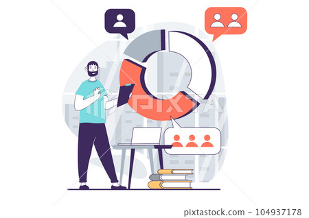 Focus group concept with people scene in flat design for web. Man works with pie chart with different data, analyzing target audience. Vector illustration for social media banner, marketing material. Focus group concept with people scene in flat design for web. Man works with pie chart with different data, analyzing target audience. Vector illustration for social media banner, marketing material. 104937178