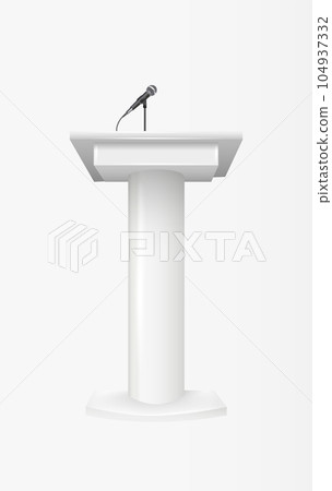 White Podium Tribune Rostrum Stands with Microphones. Podium tribune with microphones isolated for business presentation, conference. Vector White Podium Tribune Rostrum Stands with Microphones. Podium tribune with microphones isolated for business presentation, conference. Vector 104937332