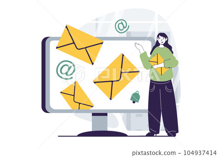 Email service concept with people scene in flat design for web. Woman sending electronic letters with information using computer app. Vector illustration for social media banner, marketing material. Email service concept with people scene in flat design for web. Woman sending electronic letters with information using computer app. Vector illustration for social media banner, marketing material. 104937414