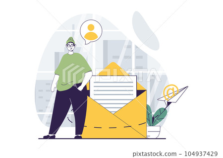 Email service concept with people scene in flat design for web. Man writes and sends letters and promotion newsletters using app. Vector illustration for social media banner, marketing material. 104937429