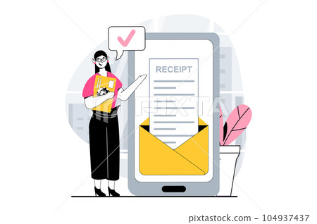 Electronic receipt concept with people scene in flat design for web. Woman making transactions with credit card and receiving check. Vector illustration for social media banner, marketing material. Electronic receipt concept with people scene in flat design for web. Woman making transactions with credit card and receiving check. Vector illustration for social media banner, marketing material. 104937437