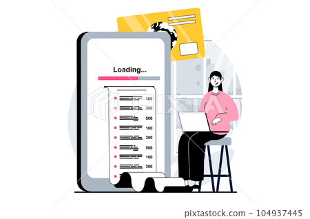 Electronic receipt concept with people scene in flat design for web. Woman receiving digital bill and paying with credit card in app. Vector illustration for social media banner, marketing material. 104937445