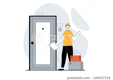 Delivery service concept with people scene in flat design for web. Man courier carrying parcel boxes and waiting for client at door. Vector illustration for social media banner, marketing material. 104937559