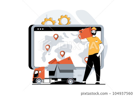 Delivery service concept with people scene in flat design for web. Global logistics, postal services and transportation around world. Vector illustration for social media banner, marketing material. 104937560