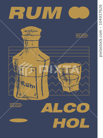 Party poster design. Drinks, rum. Set of vector illustrations. Typography. Vintage pencil sketch. Engraving style. Labels, cover, t-shirt print, painting. 104937626
