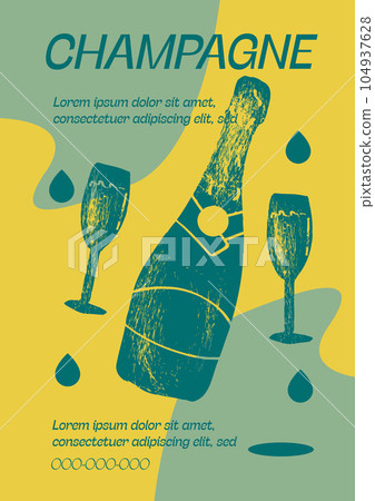 Mimosa Cocktail in champagne glass. Summer aperitif recipe with orange juice and prosecco. Mixology minimalist simple vertical print. Alcoholic beverage on background. Vector flat style illustration. 104937628