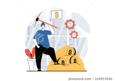 Cryptocurrency mining concept with people scene in flat design for web. Man with pickaxe mining bitcoins and earning virtual money. Vector illustration for social media banner, marketing material. Cryptocurrency mining concept with people scene in flat design for web. Man with pickaxe mining bitcoins and earning virtual money. Vector illustration for social media banner, marketing material. 104937680