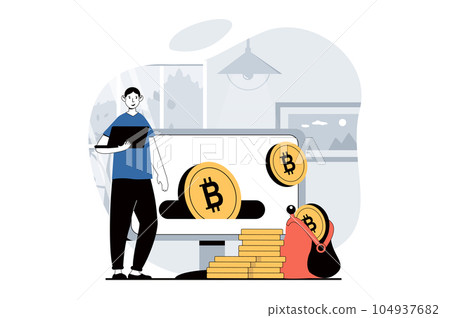 Cryptocurrency mining concept with people scene in flat design for web. Man mining bitcoins, earning money at virtual crypto wallets. Vector illustration for social media banner, marketing material. Cryptocurrency mining concept with people scene in flat design for web. Man mining bitcoins, earning money at virtual crypto wallets. Vector illustration for social media banner, marketing material. 104937682