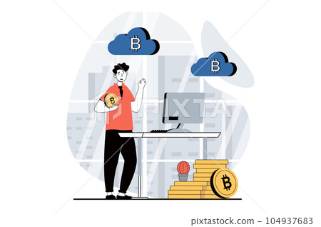 Cryptocurrency mining concept with people scene in flat design for web. Man mining bitcoins, using cloud computing at data center. Vector illustration for social media banner, marketing material. Cryptocurrency mining concept with people scene in flat design for web. Man mining bitcoins, using cloud computing at data center. Vector illustration for social media banner, marketing material. 104937683