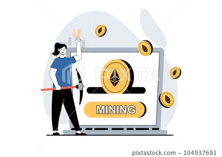Cryptocurrency mining concept with people scene in flat design for web. Woman with mining pickaxe investing money in crypto business. Vector illustration for social media banner, marketing material. 104937691