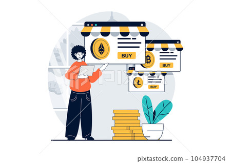 Cryptocurrency marketplace concept with people scene in flat design for web. Man buying crypto coins at different internet platforms. Vector illustration for social media banner, marketing material. 104937704