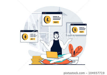 Cryptocurrency marketplace concept with people scene in flat design for web. Man buying different crypto coins for digital wallets. Vector illustration for social media banner, marketing material. Cryptocurrency marketplace concept with people scene in flat design for web. Man buying different crypto coins for digital wallets. Vector illustration for social media banner, marketing material. 104937719