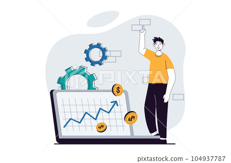 Business making concept with people scene in flat design for web. Man analyzes arrow graph of profit and successful financial growth. Vector illustration for social media banner, marketing material. 104937787