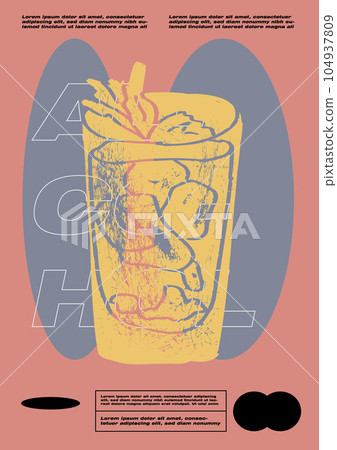 Garnished alcoholic beverage graphic print. Minimalist contemporary vertical print. Vector illustration. Mojito, Aperol Spritz and Pina Colada Cocktail recipe with ingredient. 104937809
