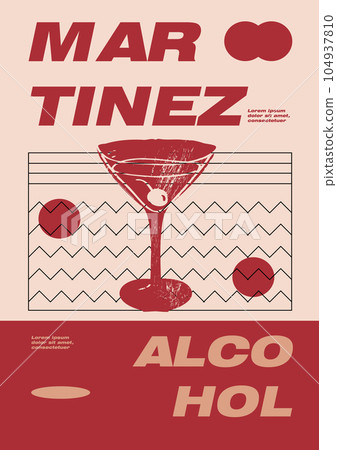 Martini. Retro posters with alcohol cocktails. 90s 80s 70s groovy posters. Modern trendy print. Drink with fruit and ice. Engraved cocktails with decorative elements. Vector illustration 104937810