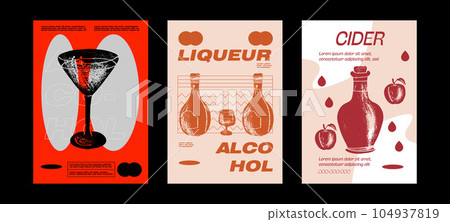Martini, liqueur, cider, Cosmopolitan Cocktail wall art posters. Alcoholic beverage garnish with orange, lime and cherry. Summer aperitif tropical vertical print. Minimalist vector illustration. 104937819