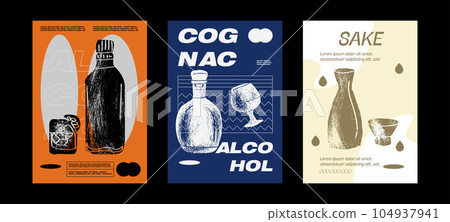 Gin, cognac, sake Alcoholic drink liquor sketch engraving vector illustration. Party poster design. Vintage pencil sketch. Engraving style. Labels, cover, t-shirt print, painting. 104937941