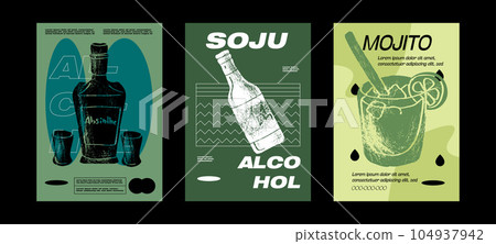 Mojito, Apsinthe, soju Cocktail recipe with ingredient. Summer aperitif with ice. Garnished alcoholic beverage graphic print. Minimalist contemporary vertical print. Vector illustration Mojito, Apsinthe, soju Cocktail recipe with ingredient. Summer aperitif with ice. Garnished alcoholic beverage graphic print. Minimalist contemporary vertical print. Vector illustration 104937942