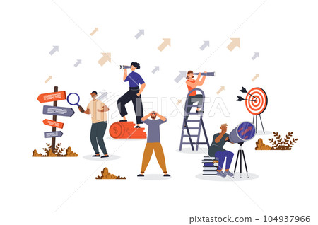 Search for opportunities concept with character scene for web. Women and men with binoculars or spyglasse looking targets. People situation in flat design. Vector illustration for marketing material. Search for opportunities concept with character scene for web. Women and men with binoculars or spyglasse looking targets. People situation in flat design. Vector illustration for marketing material. 104937966