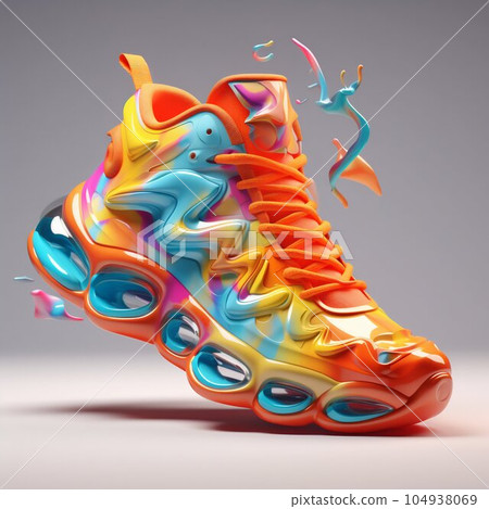 3D Colourful Sneaker Shoe Splashed with Colored Liquid on White Background. Generative ai 3D Colourful Sneaker Shoe Splashed with Colored Liquid on White Background. Generative ai 104938069