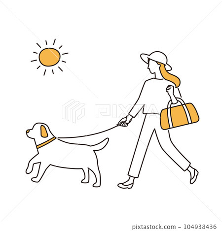 Woman and dog taking a walk in the sun Woman and dog taking a walk in the sun 104938436