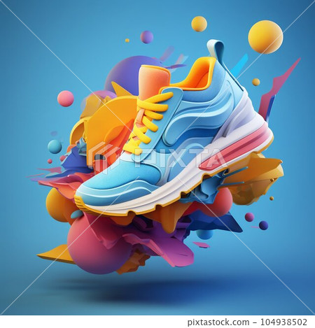 3D Colourful Sneaker Shoe Splashed with Colored Liquid. Generative ai 3D Colourful Sneaker Shoe Splashed with Colored Liquid. Generative ai 104938502