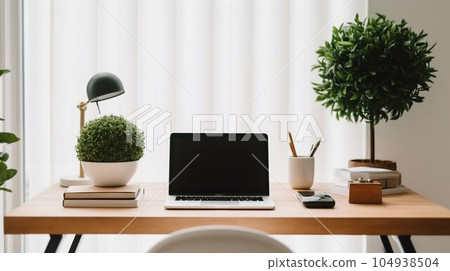 Minimalist Workspace Interior with Free Desk, Single Laptop, and Potted Plant. Generative ai Minimalist Workspace Interior with Free Desk, Single Laptop, and Potted Plant. Generative ai 104938504