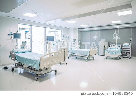 Clean Modern Bright Patients' Hospital Room Interior with Beds. Generative ai 104938540