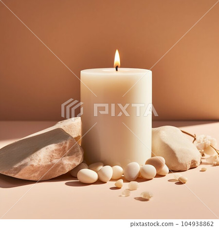 White Candle on a Clean Light Beige Minimal Background with Stones. Generative ai 104938862
