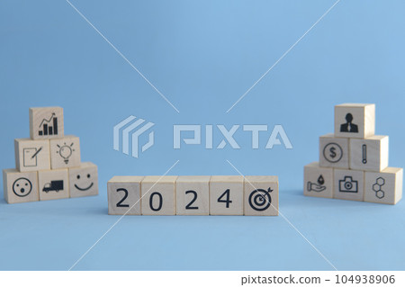 Abstract for business targen in the year 2024. Blue background. 104938906