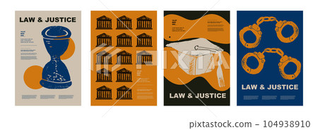 Hourglass, courthouse, headdress, handcuffs. Concept of law justice. Set of posters of jurisprudence in a abstract draw design. Perfect for poster, cover, banner. 104938910