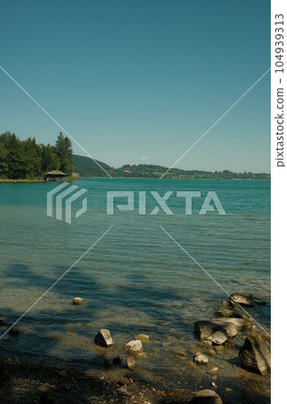 Panoramic view and shore at the Tegernsee in Bavaria in Germany 104939313